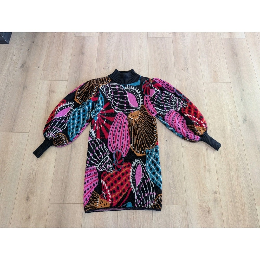 Farm Rio Dress Womens Sweater Knit Dress Long Sleeve Floral Puff Sleeve Sz XS
